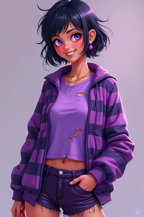 an adult, smiling woman with purple eyes/  short black hair /  she wears a torn purple t-shirt underneath, a striped purple jacket ,  a dark purple short shorts and purple sneakers .