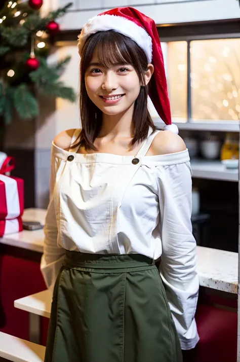 (masterpiece, best quality, perfect anatomy, highres, 8k, realistic, photorealistic, natural skin texture, no makeup:1.2), 1girl, solo, Japanese, age20, very cute, (large breasts), (Christmas Eve afternoon:1.5), She is a cafe waitress, (wearing a long slee...