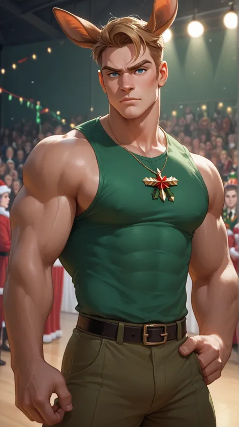  A muscular kangaroo in a threatening pose holds four Christmas elves in his arms.  He wears an olive green military shirt , with a serious and intimidating look .  The elves have frightened expressions ,  as if they were being held against their will .  t...