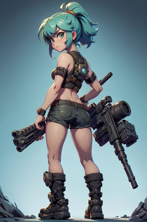 girl character  style game contra, with big gun in hand , SHORTS VERY SHORT,  Rayman Legends style art with dark theme, metal slug girl