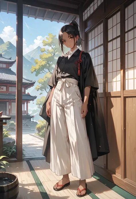  short boyish ,  black hair, short ponytail, parted bangs,  tan, black samurai costume , White Hakama, dojo, full body