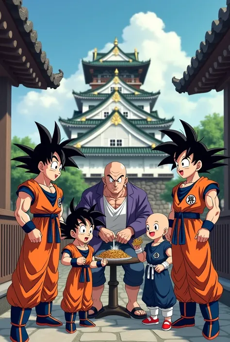 Goku, Gohan, adult vegetta, Roberto What Comes Without Hair , Josué Pardo eating Yakissoba 5 characters at Himeji Castle Japan 