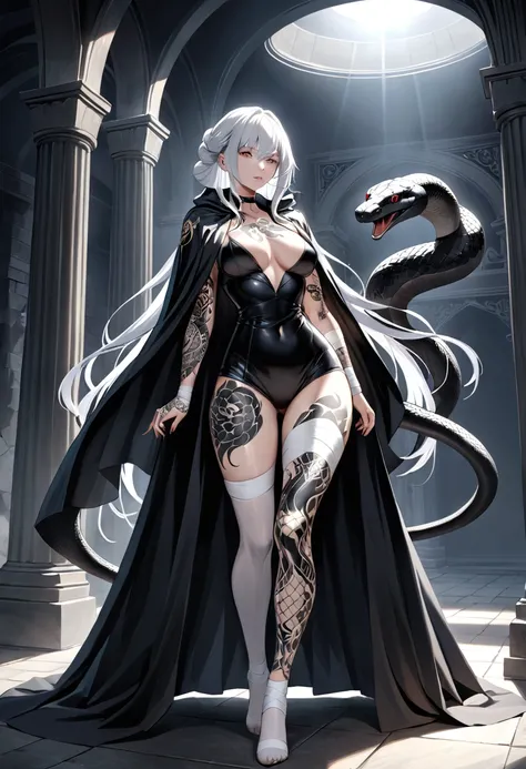 woman with White Hair bandages on Arms and legs black cloak and coat big Tattoo all over her, snake tattoo is glowing