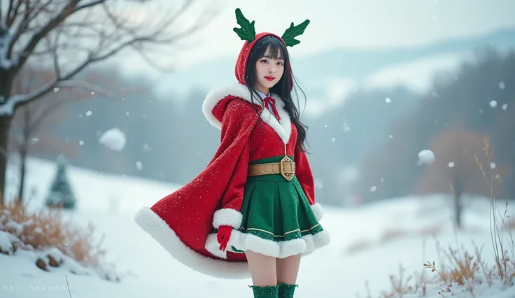 Jennie Blackpink wearing a Christmas 　Christmas Cosplay、Snow Scene、