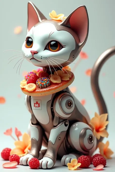 I want 4 picture of an AI cat decorated with food items