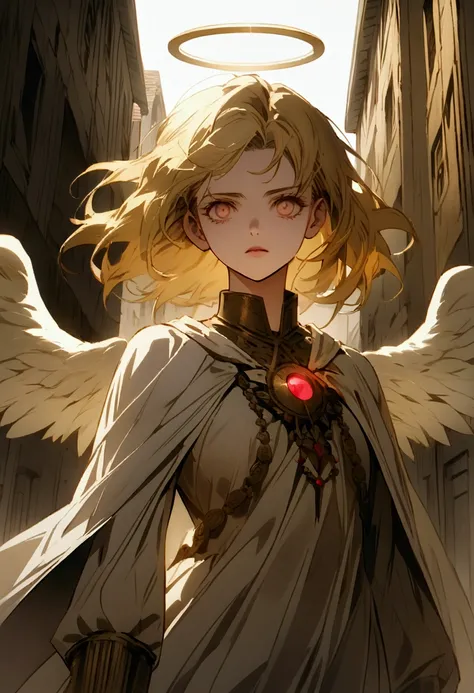 A dramatic 90s anime-style scene, capturing the intense moment when the angels reveal their divine mission. The two angelic visitors stand in front of Lot’s house, emanating a powerful, blinding light. Their golden hair and radiant white tunics glow with d...