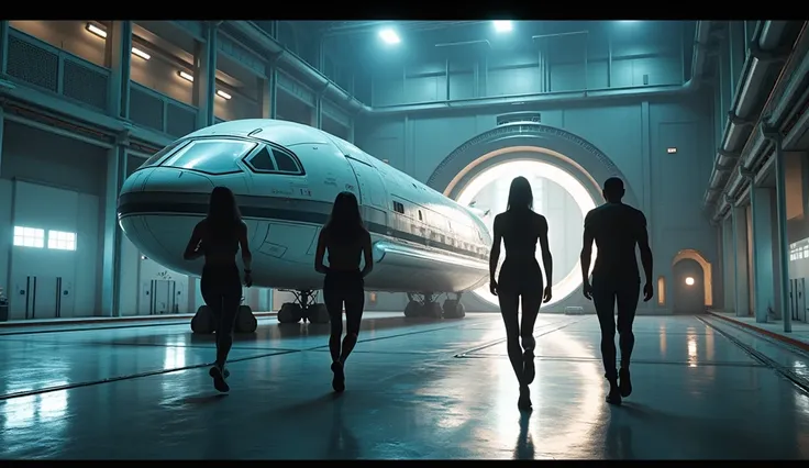 " cinematic image ,  ultra realistic in 4k of a group of four people , trying to sneak in ,  through the door of a futuristic spaceship, parked in the NASA hangar .  The scene shows the imposing spaceship with lights and modern design ,  as the four people...