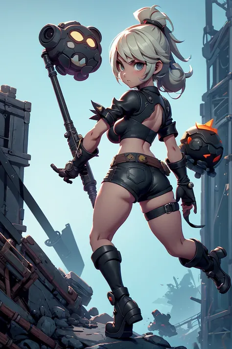 girl character  style game contra, with big gun in hand , SHORTS VERY SHORT,  Rayman Legends style art with dark theme, NieR Automata