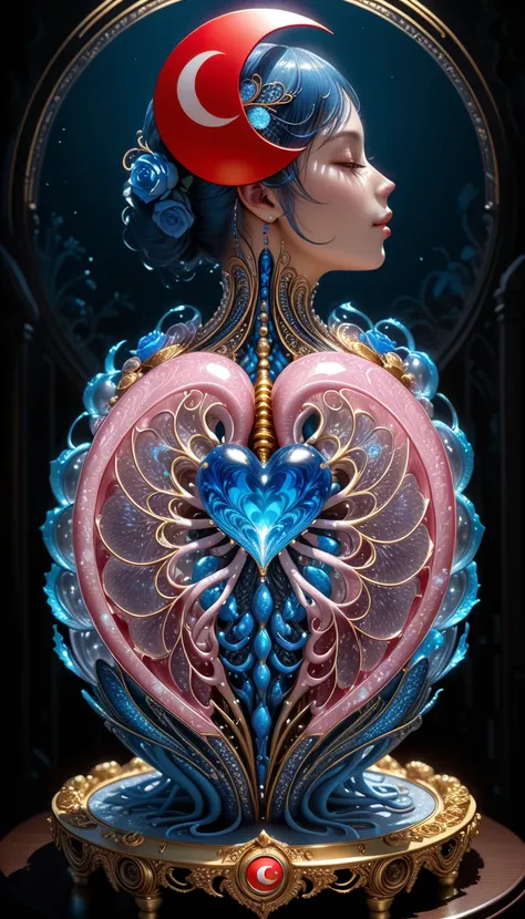 in style of John Bauer,in style of Karol Bak,
conceptual design of the transparent glass human heart (organ),(blue fire heart (organ) closeup:1.4),(Flexible Polyhedron:1.3),(Rose Quartz:1.3),(blue fire draws lines:1.6),
(the red crescent moon background:1....