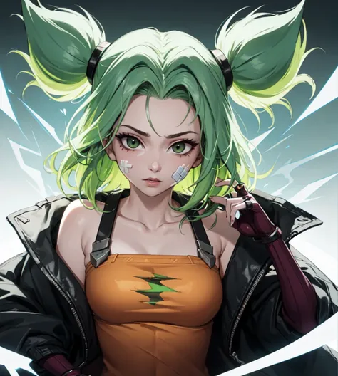 (8k), sharp focus, highres, 1girl, solo, (high quality:1.2), (high detail:1.2), (masterpiece:1.2), (extremely detailed:1.2), zeri (league of legends), green hair, twintails, bangs, jacket, collarbone, bandaid on face, open jacket, fingerless gloves, bare s...