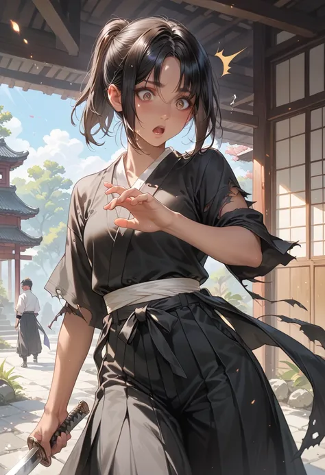  short boyish ,  black hair, short ponytail, parted bangs,  tan, black samurai costume , Black Hakama, dojo,  cloth pieces, surprised, torn clothes,  holding a sword 