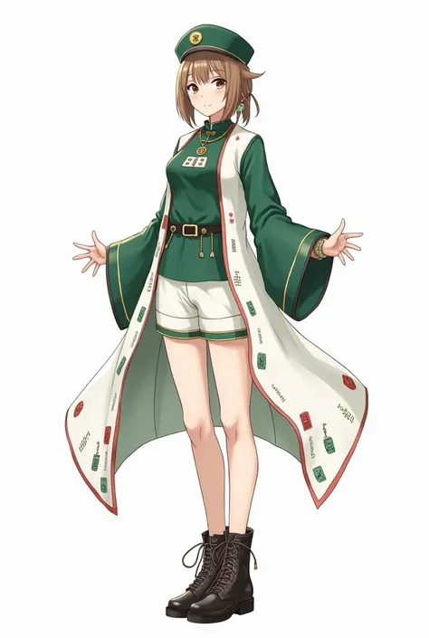 full body, femboy, fully clothed, An illustration, (masterpiece、最high quality、high quality), pure white background, Character design, Character sheet, dobermann ears, dobermann tail, A layered tunic-style shirt with a deep jade green base and a white outer...