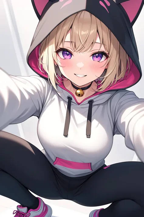 short blond hair, wearing short cat ear  hoody, black joga pants, sneekers, choker with a little bell, high quality, cinematic angle,smile, squat, pink parker, solo, face focus, selfie,arms behind back,Instagram, dynamic pose.peeing,