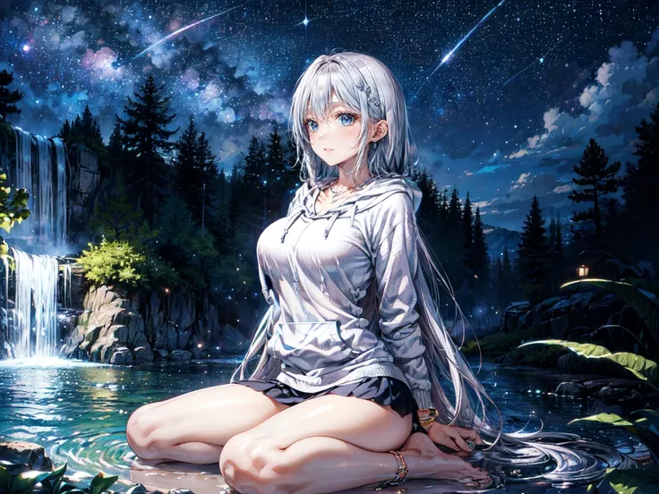 ((River in the forest at night with beautiful stars:1.3)), ((Sitting Wariza in the river in front of the waterfall:1.3)), ((looking away, look up at the starry sky:1.5)), ((Fireflies are flying)), BREAK, ((18-years old)), (silver long hair:1.5), reflective...