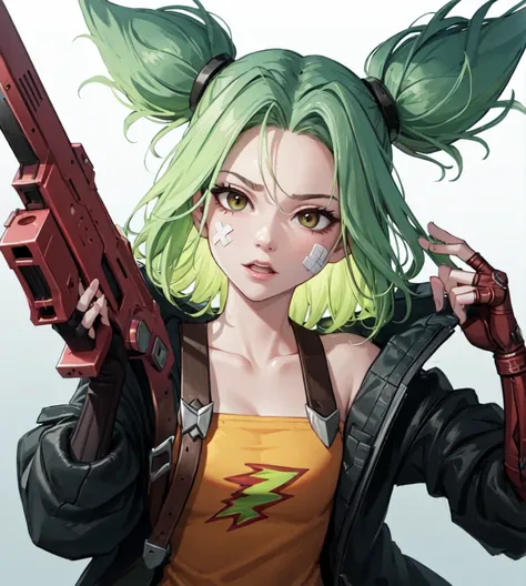 (8k), sharp focus, highres, 1girl, solo, (high quality:1.2), (high detail:1.2), (masterpiece:1.2), (extremely detailed:1.2), zeri (league of legends), green hair, twintails, bangs, jacket, collarbone, bandaid on face, open jacket, fingerless gloves, bare s...