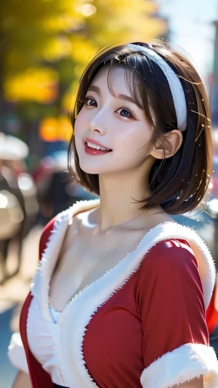  upper body photo、 FACE 、 Santa Claus costume,  natural lips、  white skin、  amazing light、  beautiful lighting arranged in an orderly manner 、black hair fluttering in the wind、