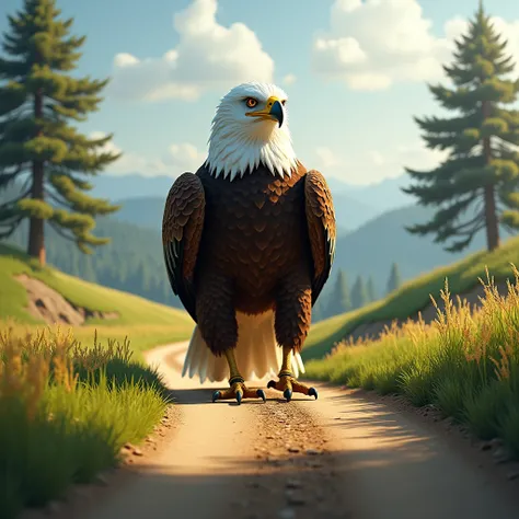 The eagle is walking along the road