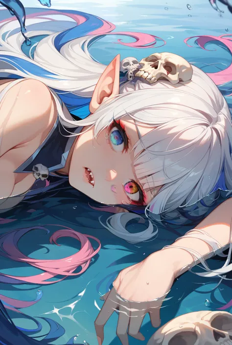 1girl, Best
Quality, Detail, High Details, Quality, High Quality, Super
Detailed, Absurdly Long Hair, Multicolored Hair,
Pointy Ears, Fangs, Makeup, Heterochromia,
Multicolored Eyes, Empty Eyes,
Light Blush, Skull Hair Ornament, Anime Style, Anime, laying...