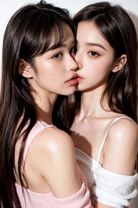 Kim Jennie with white brown hair, with curlers at the ends,with fullnude naked, look at viewer, watery nose, Pretty lips, pink lips, heart and cupid shaped lip, pretty skin, pale, White skin, with moles and freckles all over his face, soft pink blush on th...