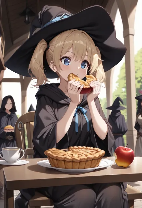 a teenage girl with long blonde hair in twin tails and blue eyes, wearing a witchs robe and hat, sitting at a table in a medieval dining hall, eating a slice of apple pie, (best quality,4k,8k,highres,masterpiece:1.2),ultra-detailed,HDR,UHD,studio lighting,...