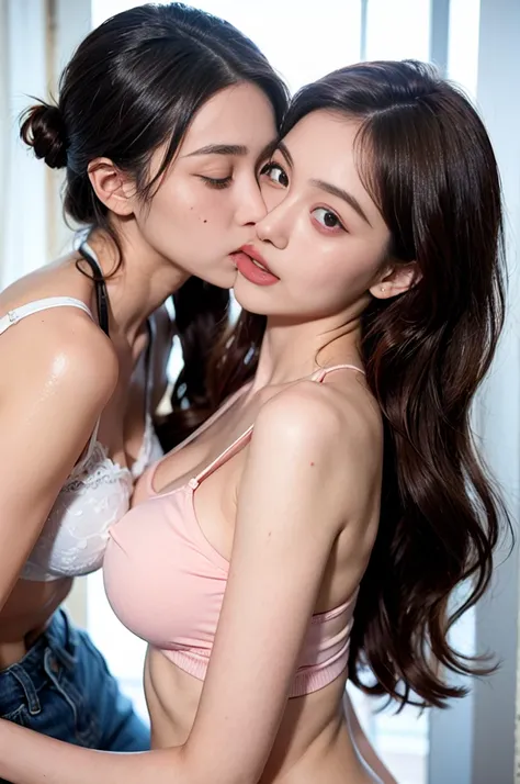 Kim Jennie with white brown hair, with curlers at the ends,with fullnude naked, look at viewer, watery nose, Pretty lips, pink lips, heart and cupid shaped lip, pretty skin, pale, White skin, with moles and freckles all over his face, soft pink blush on th...