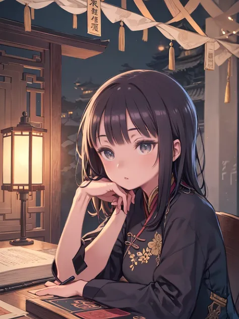   Quiet Night、 at a low table in a garden surrounded by old walls、A beautiful girl in a traditional Chinese dress、 looking at ancient Chinese books under a lamp,((She holds a pen in her right hand、The left hand is placed on the table)),((masterpiece)), rea...