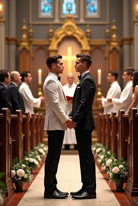 Two guys getting married in church in white suits and black suits 