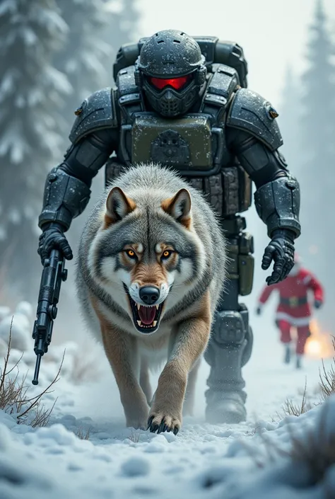 a big soldier with his ferocious wolf chase Santa Claus