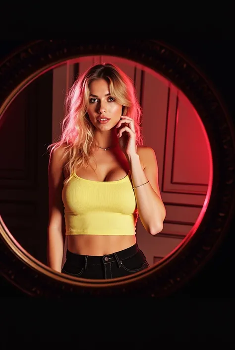 raw photo 30yo (beautiful) German woman with blonde messy hair standing posing in yellow tight top and black mini-skirt, (raw photo) HD quality, best quality, beautiful eyes, perfect teeth, huge breasts, her reflection in mirror, (sharp focus)