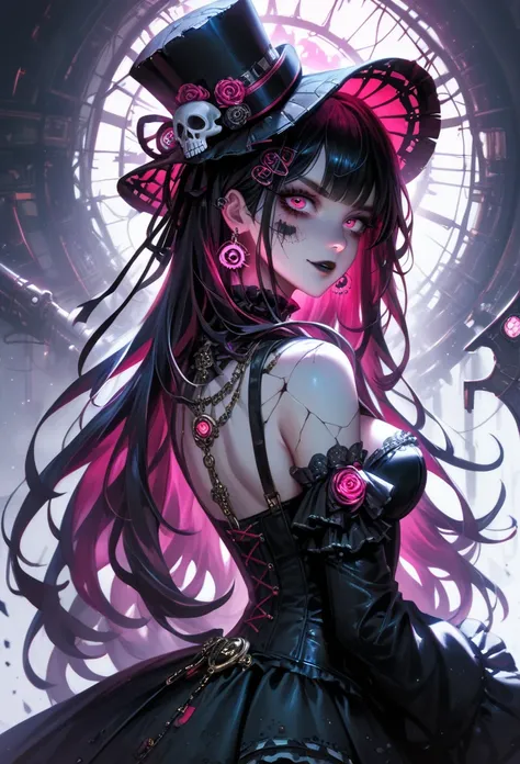 score_9, score_8_up, score_7_up, score_6_up, Dark beauty, comes out of a steampunk portal, from behind, dance, long hair, beautiful girl, gothic, steampunk, cybernetic, skulls, mechanical, neon pink eyes, glowing circuitry, stitched wounds, intricate hat, ...