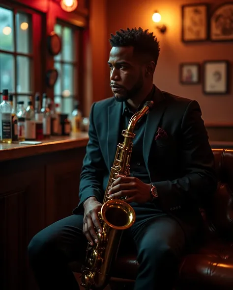 Black American man, With saxophone in hand at a Jazz bar restaurant, half light, sitting on a bench 