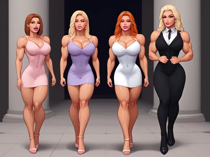 (((SFW))), (Fullbody view), two hypermuscular girlfriends meeting in a boutique, perfectly trained ((muscular bodies)), very impressive bulky musculature, the women have different haircuts, different skin colours, both are graceful and feminine, very large...