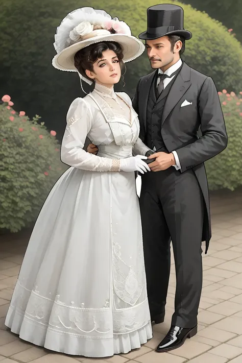 A snooty, beautiful 14yo brunette Gibson Girl in her Edwardian gown. Year 1905. White 1905_dr3ss and large flower-brimmed hat with a lace veil in the front. (((Rebuffing the sexual advances of a horny 69yo gentleman in a suit, holding her by the waist))). ...