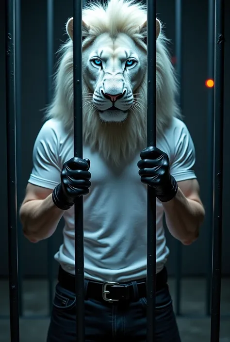 Guy, 30 years old, lions head, white lions head, pupils of the eyes dark blue in white-blue tones, pupils of the eyes shiny, male torso, athletic build of a man, body color white, outerwear - white T-shirt, black underwear - jeans, black jeans, black belt ...