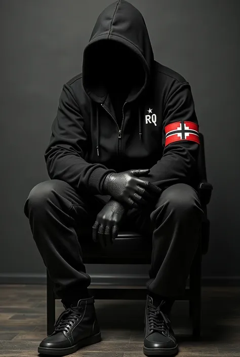 Create a man all in black , black hoodie black blouse black sneakers and a latex or rubber glove ( doctors glove ) black horse and a Nazi stripe on his right arm , make him sit on a black, with your name written on the shirt "Rq" 