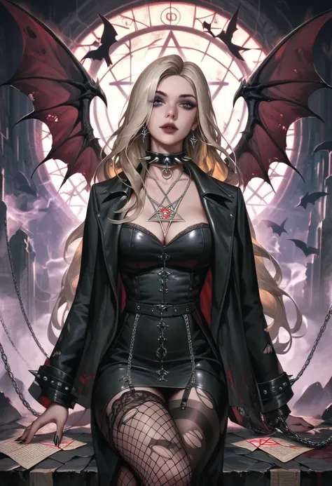 score_9, score_8_up, score_7_up, score_6_up, Dark beauty, beautiful girl, blonde hair, long hair, heavy chains, black leather, spiked collars, torn fishnets, dark eyeliner, smoky eyeshadow, pentagram symbols, silver daggers, occult symbols, flickering lant...