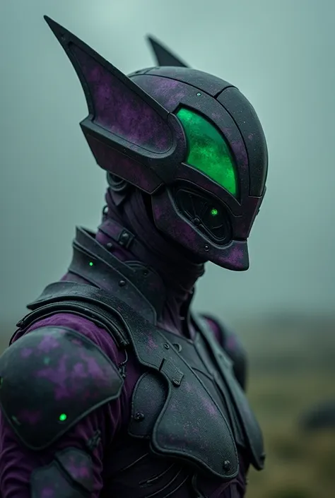 Closed up photography,the cosmic UFO plane, cosmic high shape airspace, super intricate armor, the unusual head, secret project cosmic armor,cosmic skin armor, unusual triangle shape, dark moody misty cloud background, dark purple, grey and green