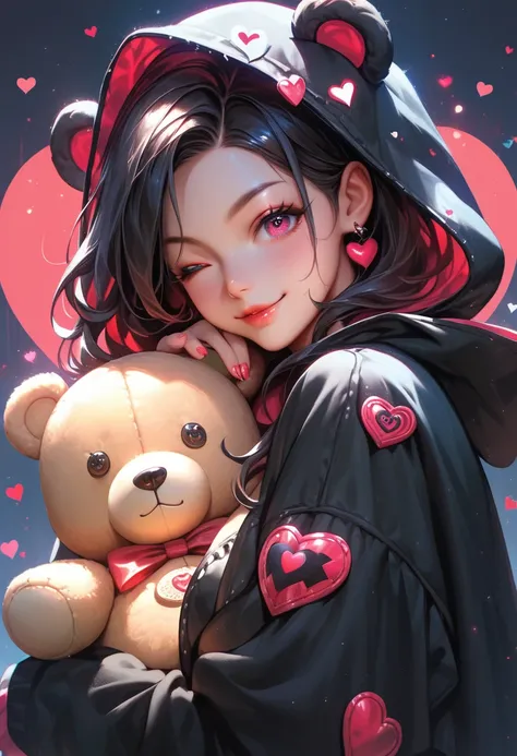 score_9, score_8_up, score_7_up, score_6_up, Dark beauty, girl in evil teddy bear costum, cute, wink, hooded, heart wallpaper
