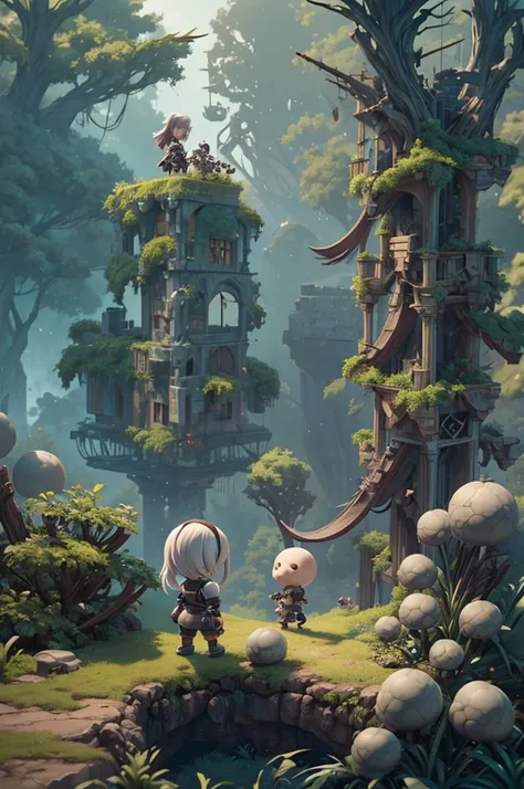 girl character style game contra, with big gun in hand , SHORTS VERY SHORT,  Rayman Legends style art with dark theme, NieR Automata, Scenery with forest and ruins in the background, Side Scrolling 2D Game View, focus on the character, girl character style...