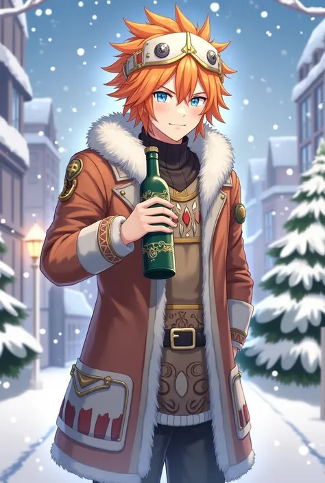 Tartaglia from Genshin impact ,  orange hair ,  light blue eyes ,  have winter clothes and the same mask on Tartaglias hair, same features, Does Santa Claus . Hes taking out a bottle of wine 