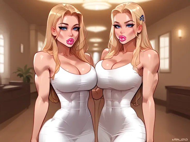 (((SFW))), (Fullbody view), two hypermuscular girlfriends meeting in a boutique, perfectly trained ((muscular bodies)), very impressive bulky musculature, the women have different haircuts, different skin colours, both are graceful and feminine, very large...