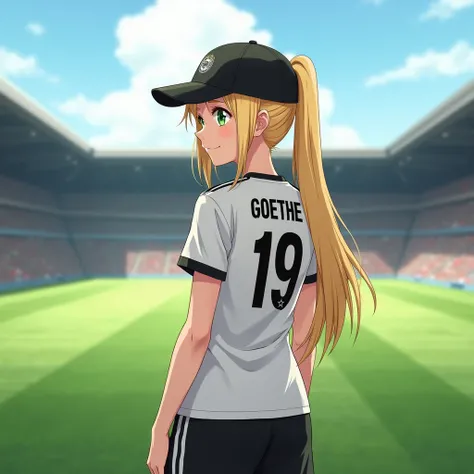 A 23 YEAR OLD ADULT BLONDE GIRL WITH A BEAUTIFUL OLDER APPEARANCE WITH EMERALD GREEN EYES,  ON HER BACK LOOKING OUT TOWARDS THE FOOTBALL FIELD ,  WEARING THE JERSEY OF THE GERMAN NATIONAL TEAM WEARING 19 AS A BIB. AND THE NAME GOETHE ,  PLUS SHE WEARS A SP...