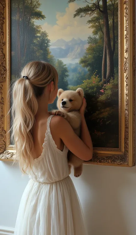 macro. Ultra HD, A frame on the wall at an angle with Shishkins painting ‘Morning in a Pine Forest’. In the foreground - a close-up of the painting, a small bear cub climbing out of the painting through the edge of the frame. girl blond  in a white tulle d...