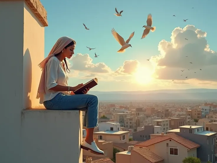 Impressionnisme, photoréalisme, hyperréalisme, jeune femme arabe assise sur le mur du toit dune maison et contemplant les oiseaux dans le ciel, vêtue dune chemise blanche colorée et un jean serré et déchiré et de chaussures en cuir blanc, lisant un livre ,...