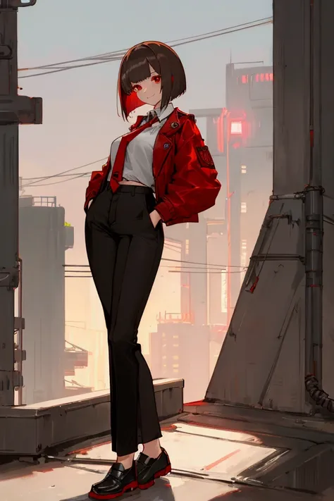 Tall Anime adult Girl in a cyberpunk background rooftop in the night with a subtle smile, red eyes, brownish trimmed bob cut hair, red jacket, white shirt and a poorly fastened red tie, black pants and black shoes with a white pattern, hands in her pants p...