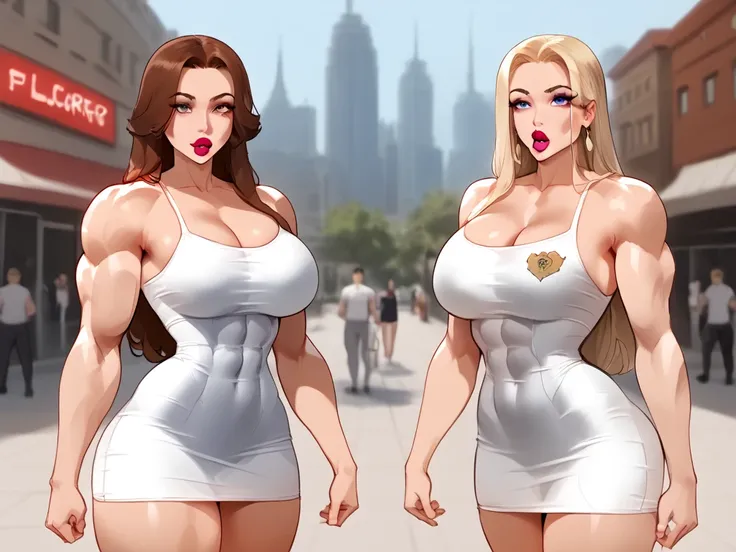 (((SFW))), (Fullbody view), two hypermuscular girlfriends meeting in a boutique, perfectly trained ((muscular bodies)), very impressive bulky musculature, the women have different haircuts, different skin colours, both are graceful and feminine, very large...