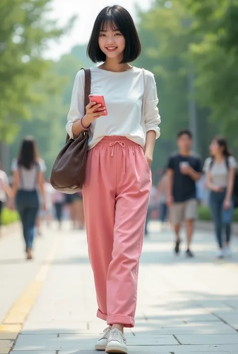 Create 18 year old girl who wears white top and pink bottom pant looks like Korean outfit , short straight hair colour dark black,wears shoes,in pink light lipsticks, going to college had a I phone 