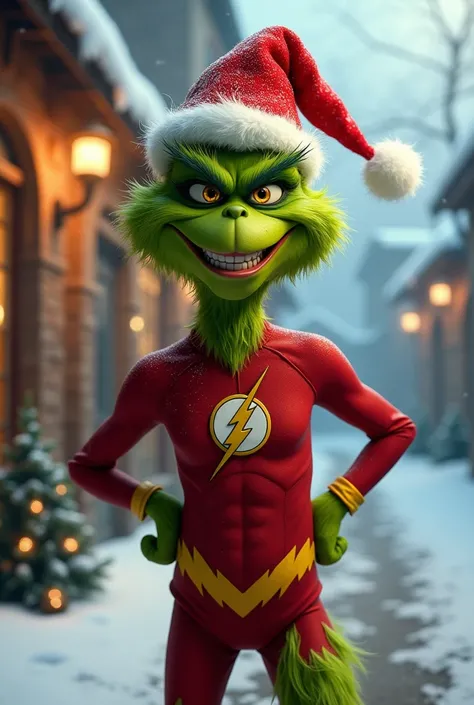 Le grinch portant le costume de Flash et un bonnet de Noël 