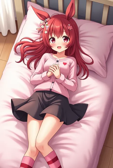 ( top quality)), (( masterpiece fails)), ( detail), full-length anime girl, dressed in a cute skirt , and also in pink and black striped knee socks, is lying on bed, with eyes with hearts , taking his hands on tights, face sleepy blushed, face bright red, ...