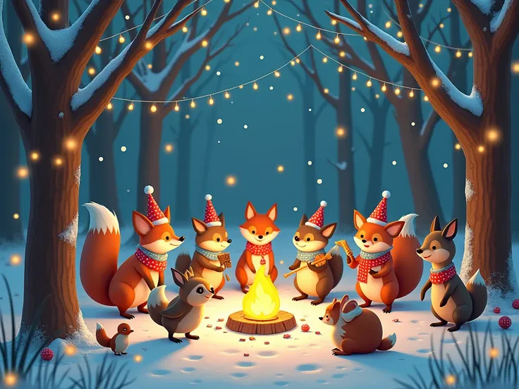 Animals celebrating New Years Eve in the forest in winter